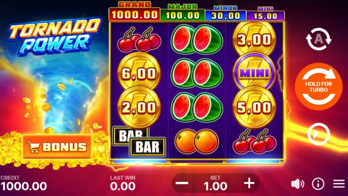Tampilan visual slot Tornado Power: Hold and Win dengan tema badai dan buah-buahan.