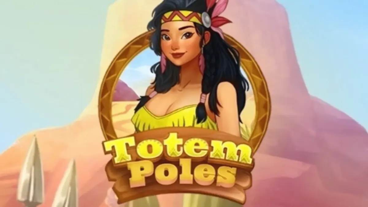 Tampilan layar permainan slot Totem Poles dengan simbol totem dan latar belakang hutan.